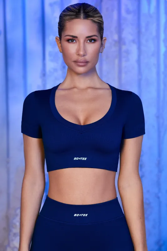 V Neck Short Sleeve Crop Top in Navy sold by Oh Polly