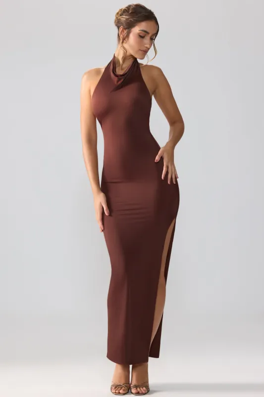 Premium Jersey Cowl Neck Backless Maxi Dress in Espresso sold by Oh Polly