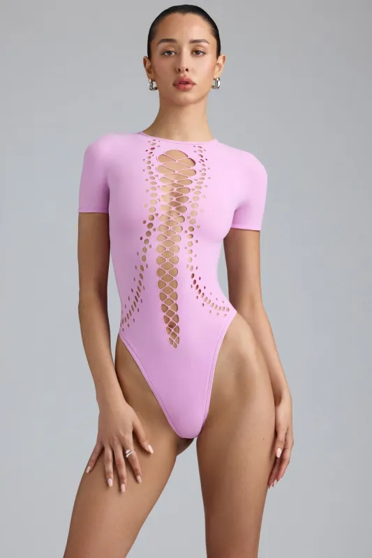 Lace-Up Bodysuit in Violet Pink sold by Oh Polly