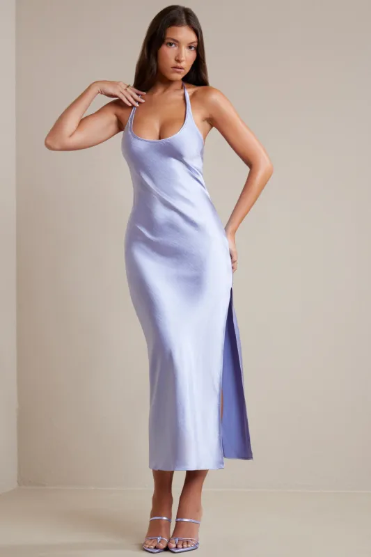 Bias Cut Satin Halter Neck Maxi Dress in Periwinkle sold by Oh Polly