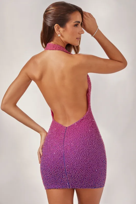 Embellished Halter Neck Mini Dress in Pink/Purple Ombré sold by Oh Polly
