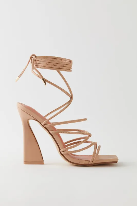 Leatherette Lace Up Heels in Nude sold by Oh Polly