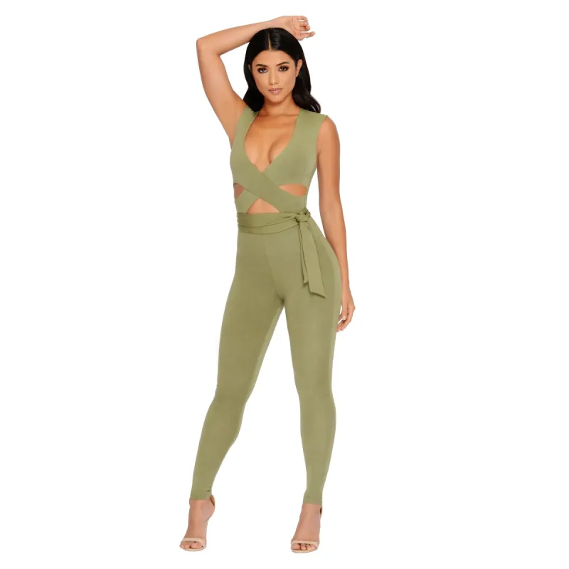 Cross Your Mind Cut Out Double Layered Jumpsuit in Kale sold by Oh Polly