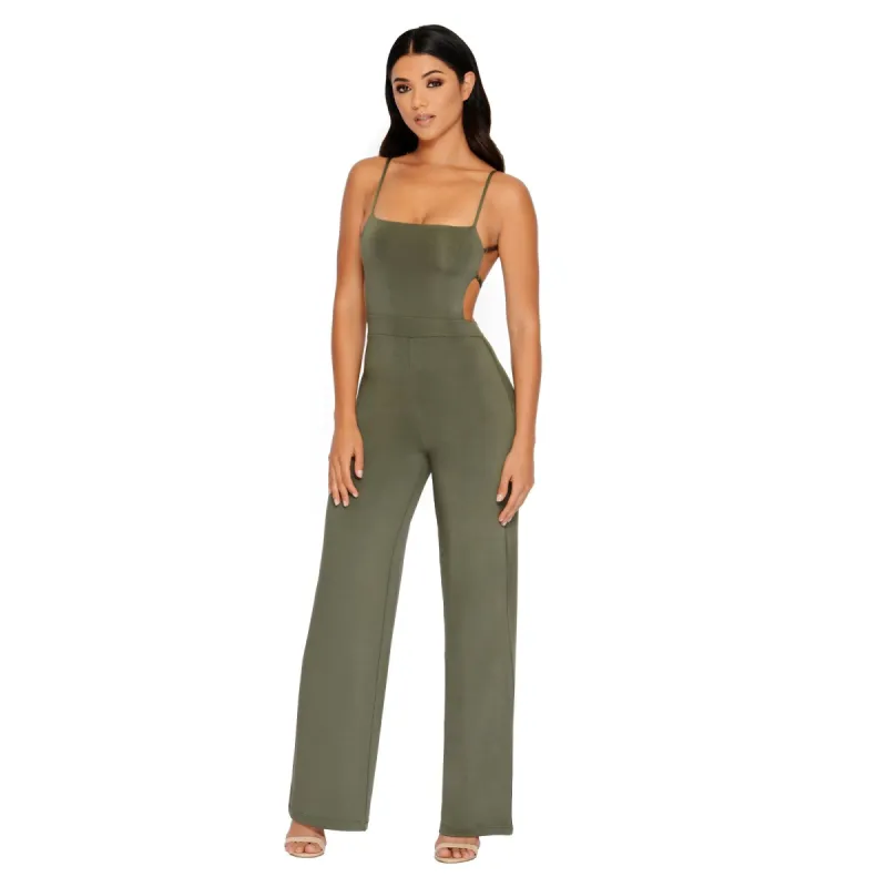 Go With The Flow Strappy Wide Leg Jumpsuit in Khaki sold by Oh Polly