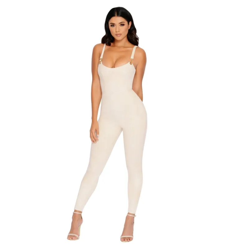 All In One Suede Plunge Ankle Length Jumpsuit in Cream sold by Oh Polly