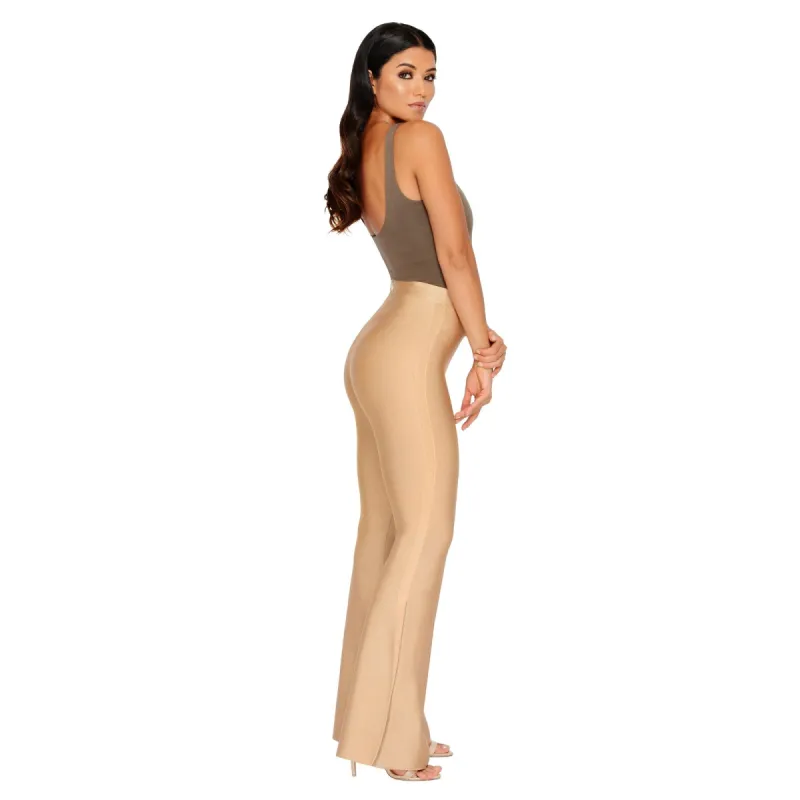 She Who Flares Wins Bandage Flare Trousers in Gold sold by Oh Polly