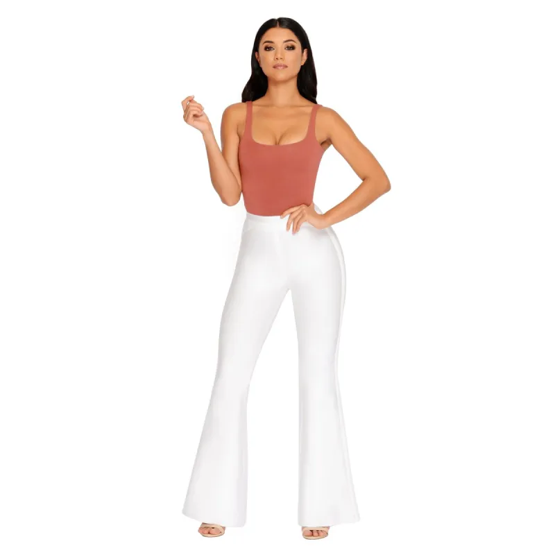 She Who Flares Wins Bandage Flare Trousers in White sold by Oh Polly