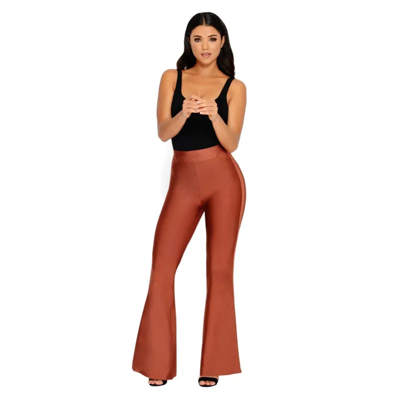 She Who Flares Wins Bandage Flare Trousers in Brown sold by Oh Polly