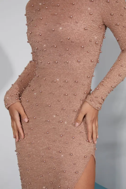 long sleeve embellished backless maxi dress in beige Second Glances Cowl Neck Backless Maxi Dress Cream
