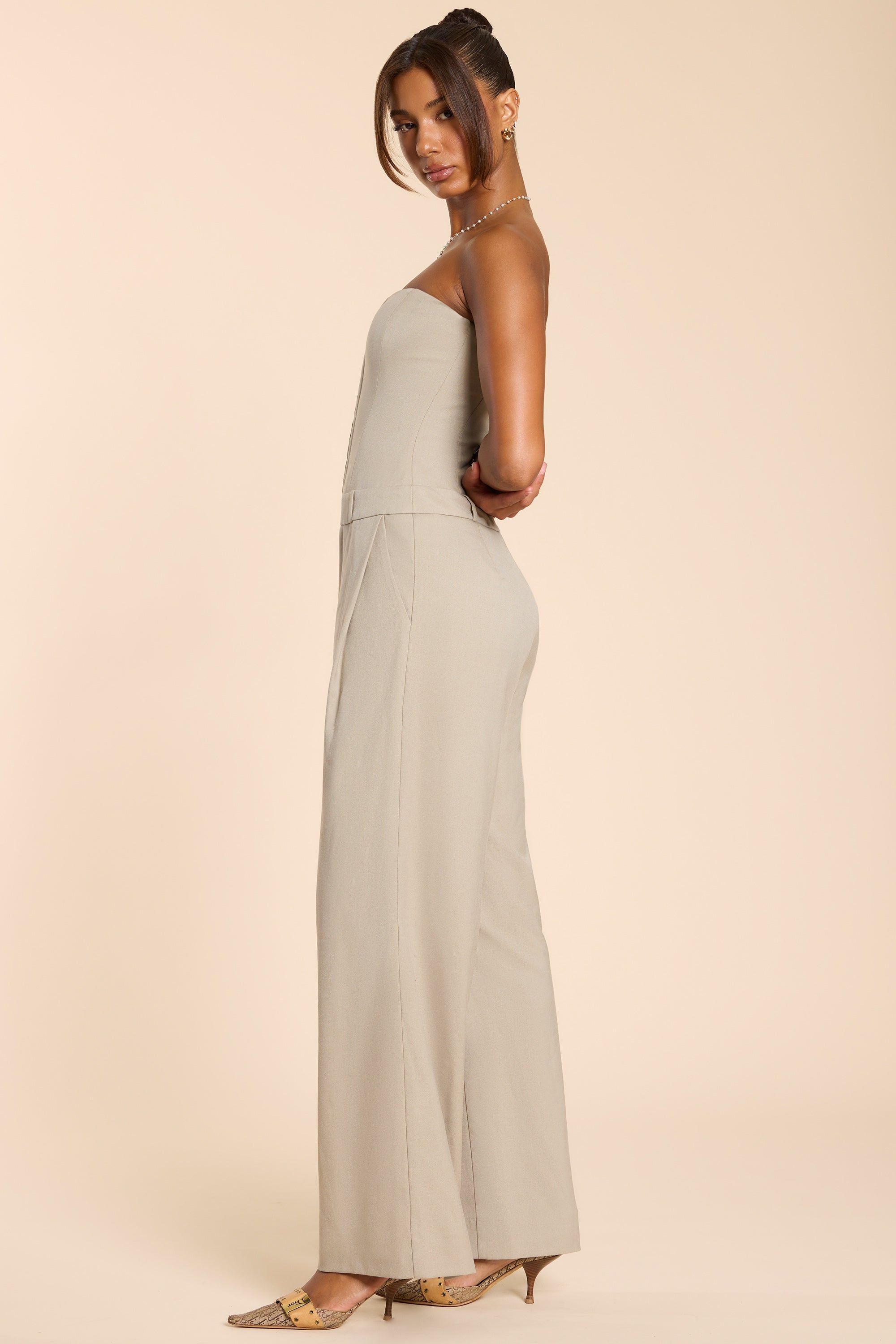 Petite Woven Wool Bandeau Corset Jumpsuit in Taupe sold by Oh Polly product image thumbnail 3