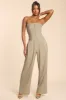 Petite Brushed Twill Bandeau Corset Jumpsuit in Taupe sold by Oh Polly