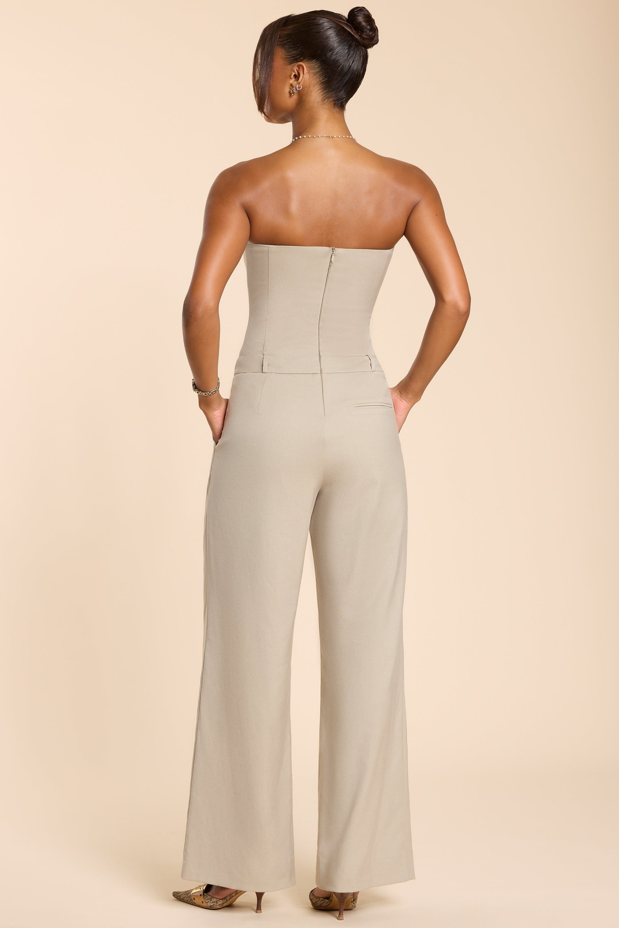 Petite Woven Wool Bandeau Corset Jumpsuit in Taupe sold by Oh Polly product image thumbnail 2
