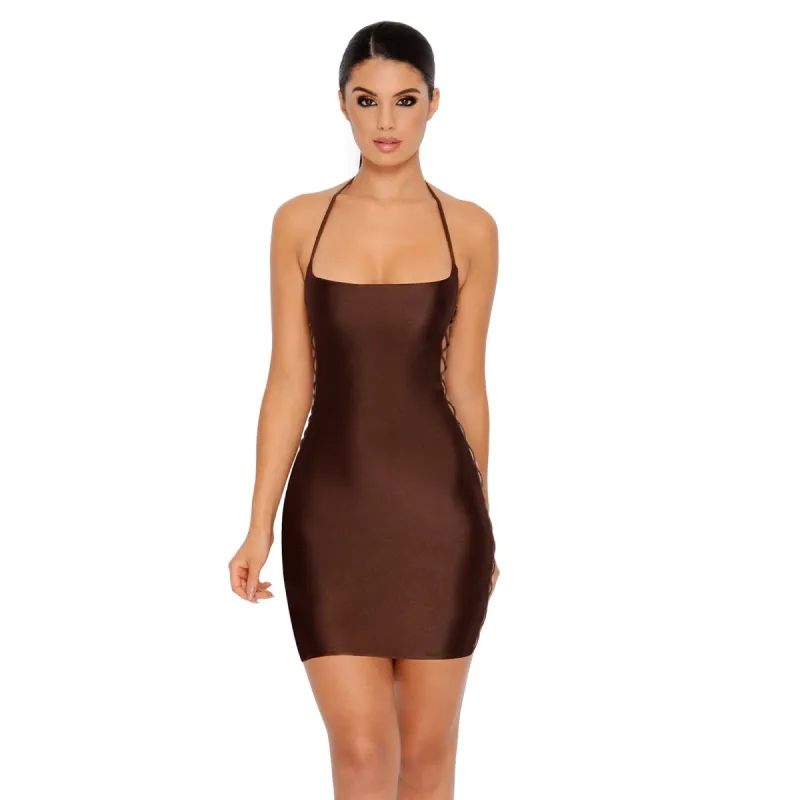 Right Side Of The Tracks Lace Up Mini Dress in Chocolate Brown sold by Oh Polly