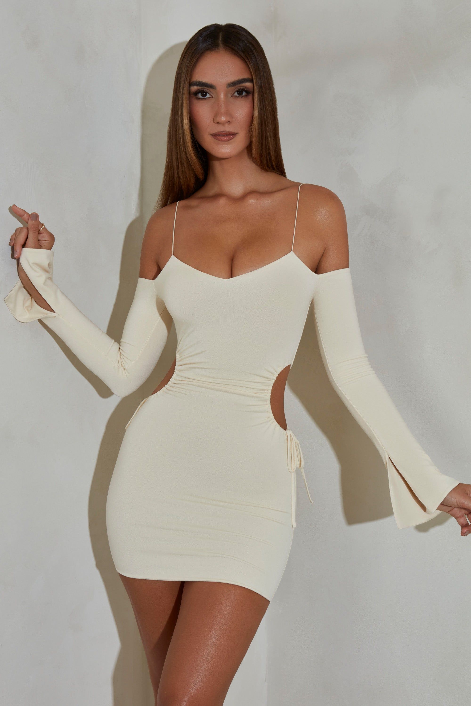 Ruched Cut Out Sides Long Sleeve Mini Dress in Ivory sold by Oh Polly product image thumbnail 6