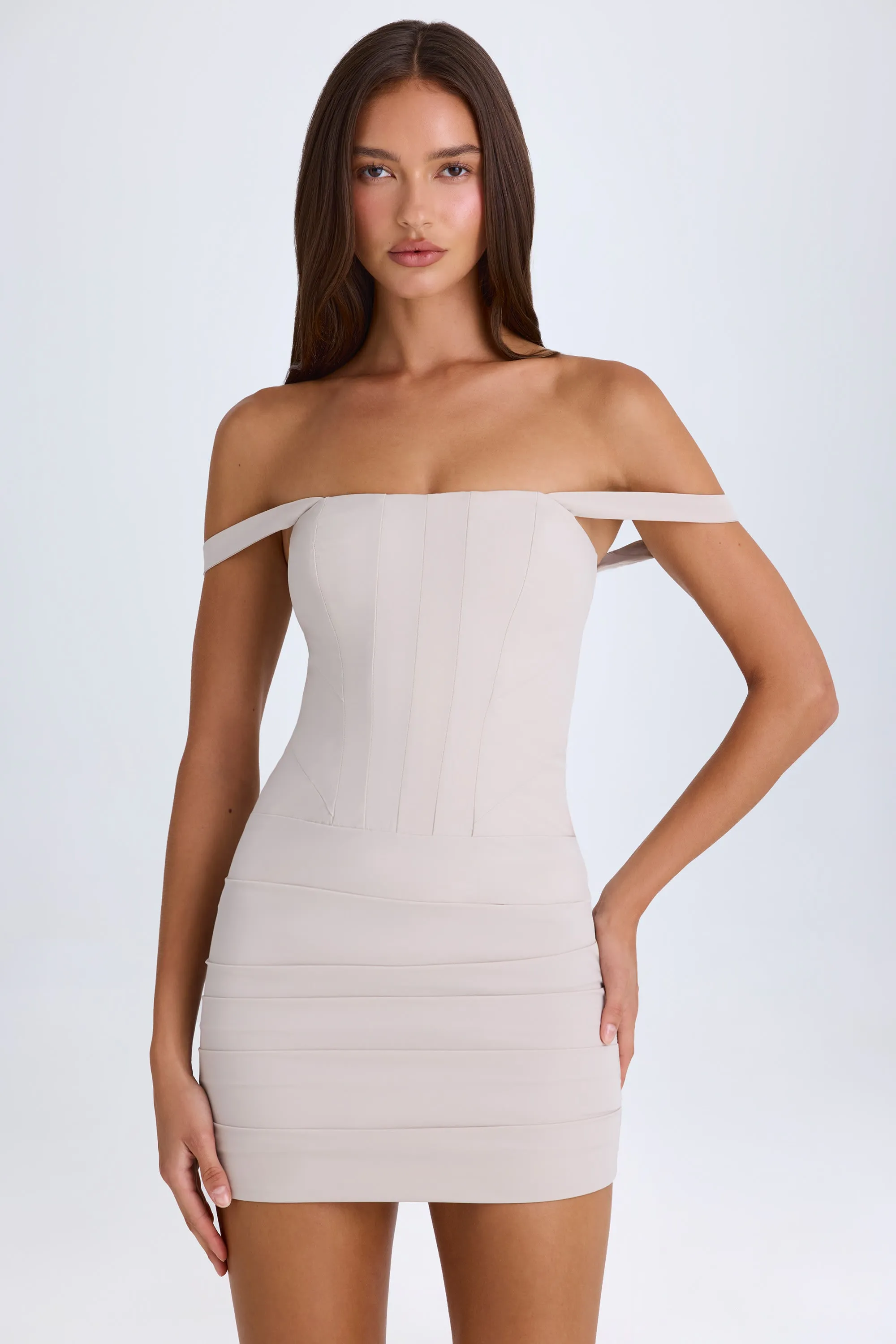 Off-Shoulder Corset Mini Dress in Taupe sold by Oh Polly