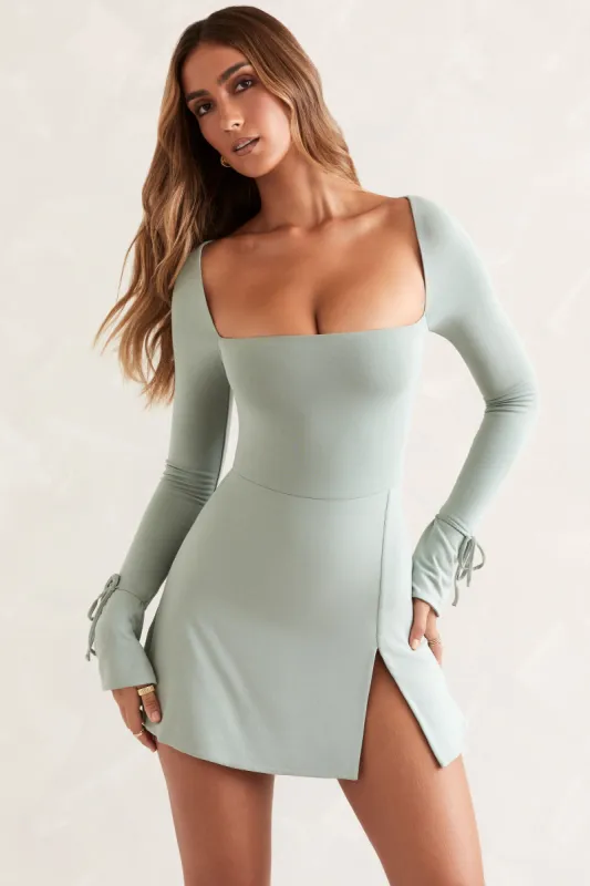 Square Neck Long Sleeve Mini Dress in Sage sold by Oh Polly