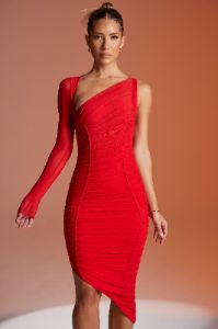 Asymmetric Single Sleeve Midi Dress in Red sold by Oh Polly