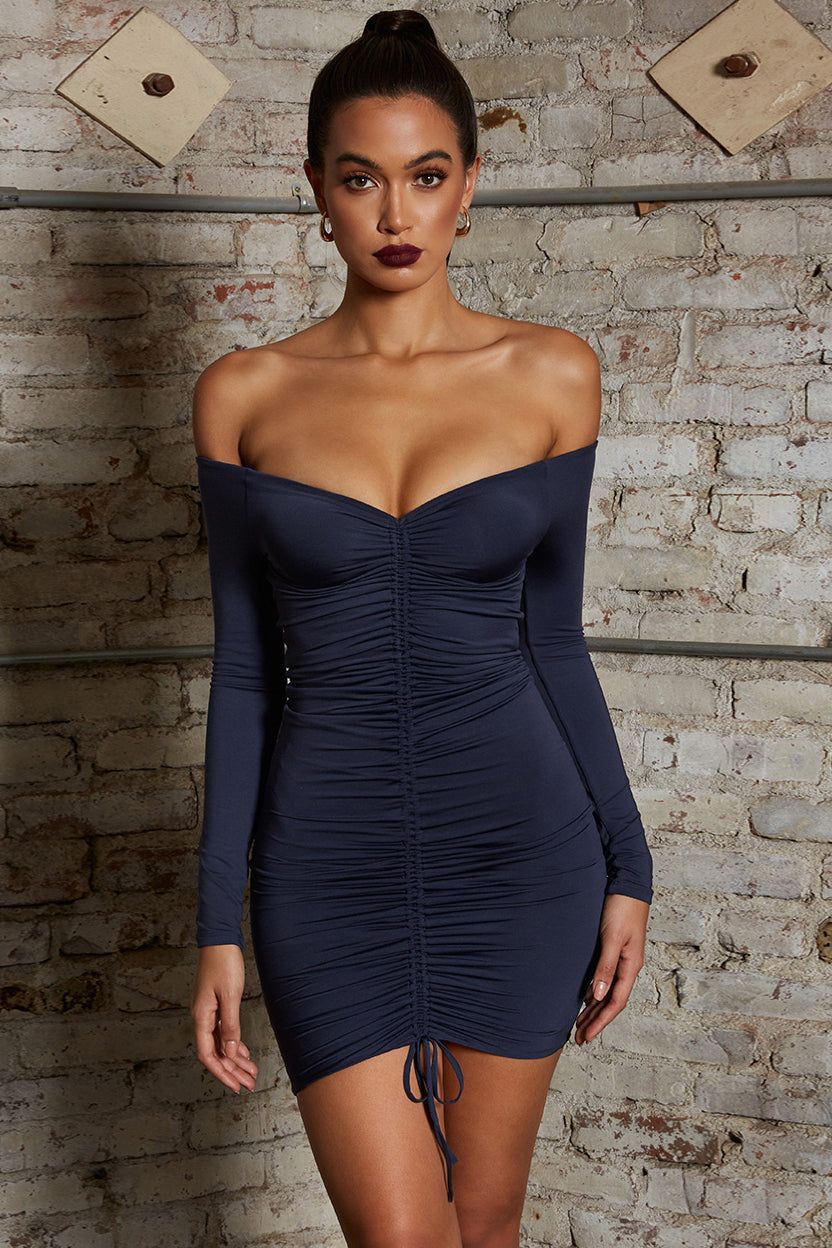 Get Down Tonight Long Sleeve Ruche Bardot Mini Dress in Midnight Blue sold by Oh Polly product image thumbnail 10