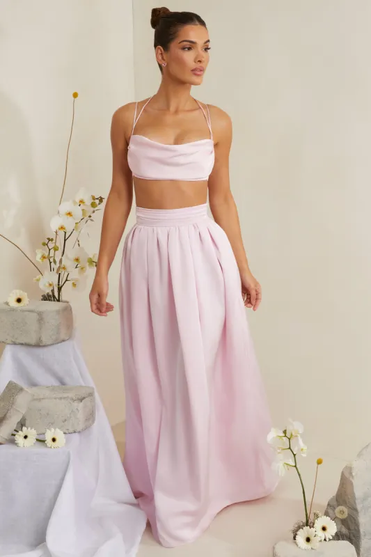 Pleated Heavy Satin Maxi Skirt in Pink sold by Oh Polly