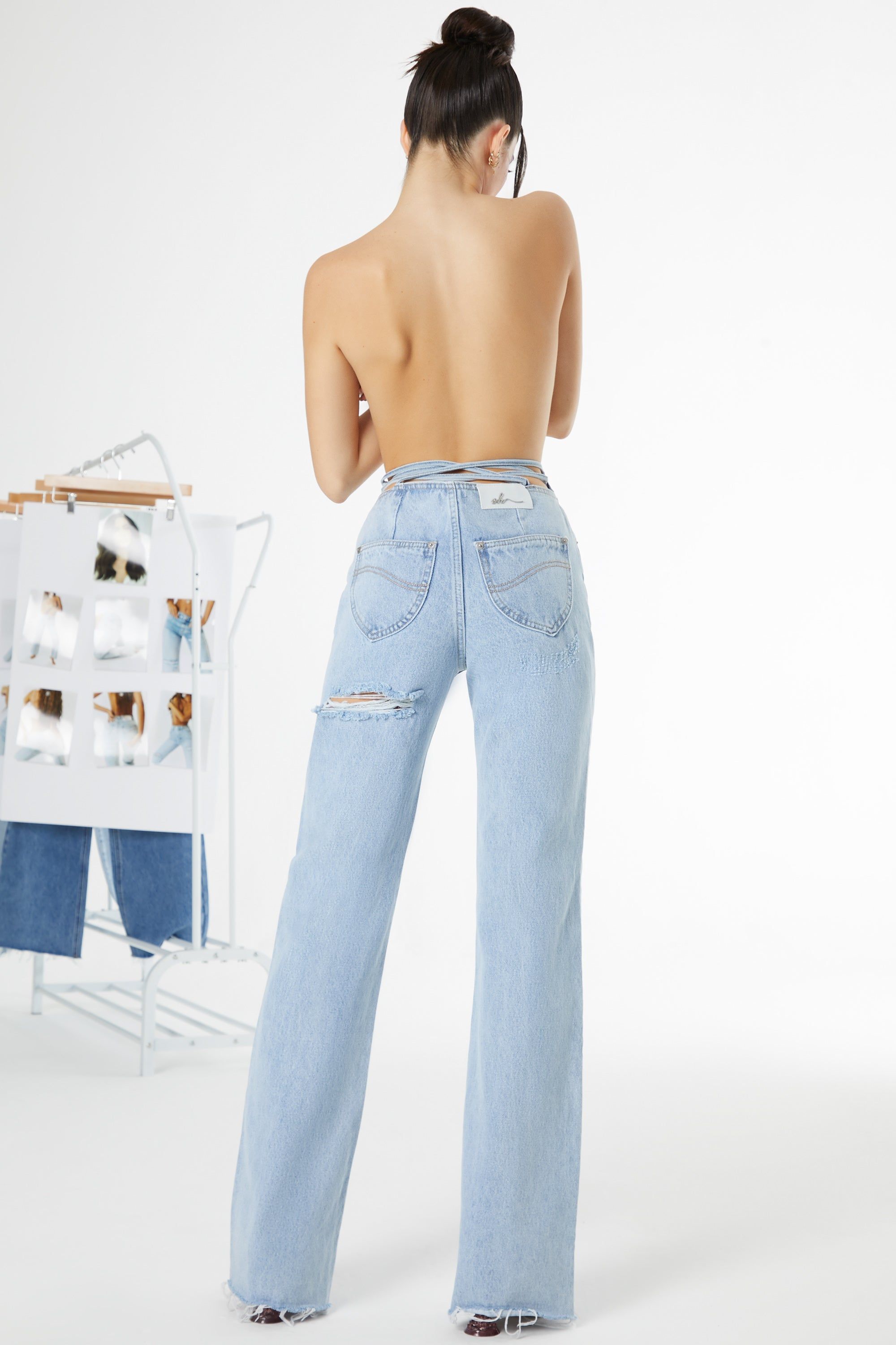 Petite Lace Up Cut Out Back Jeans in Light Blue Wash sold by Oh Polly product image thumbnail 2