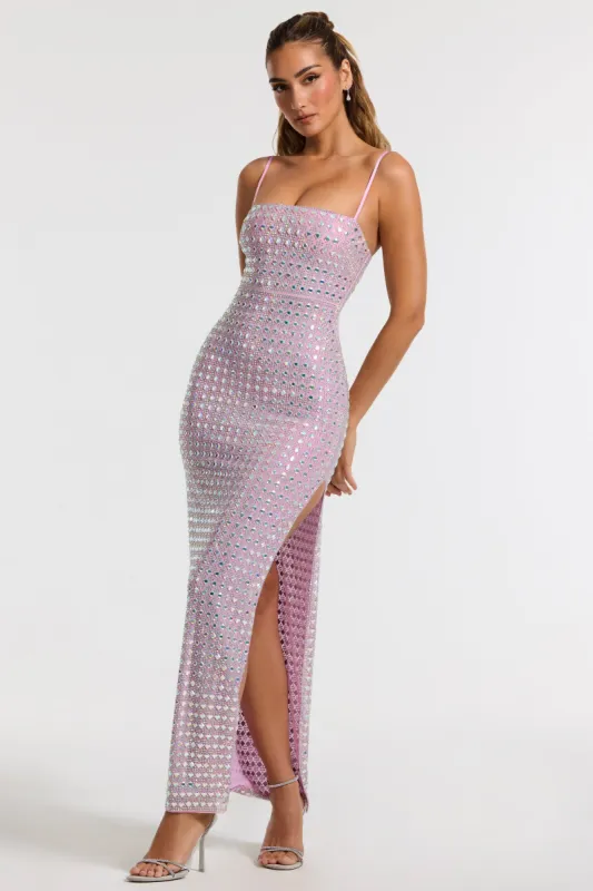 Embellished Square Neck Evening Gown in Lilac sold by Oh Polly