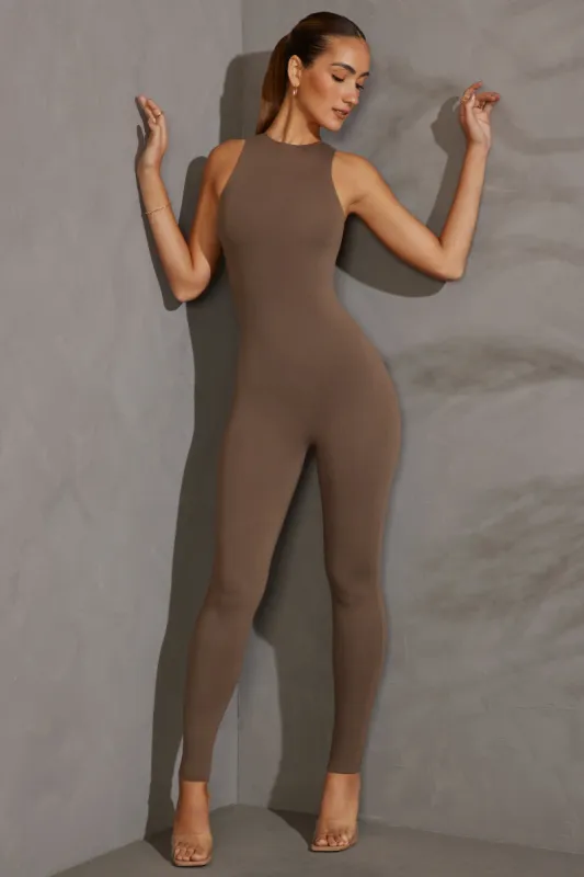 Petite Racer Neck Jumpsuit in Taupe sold by Oh Polly