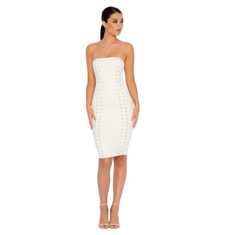 Thrill Of The Lace Suede Midi Dress in White sold by Oh Polly