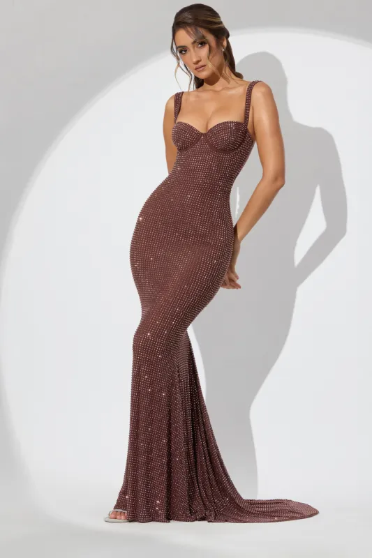 Embellished Corset Fishtail Evening Gown in Espresso sold by Oh Polly