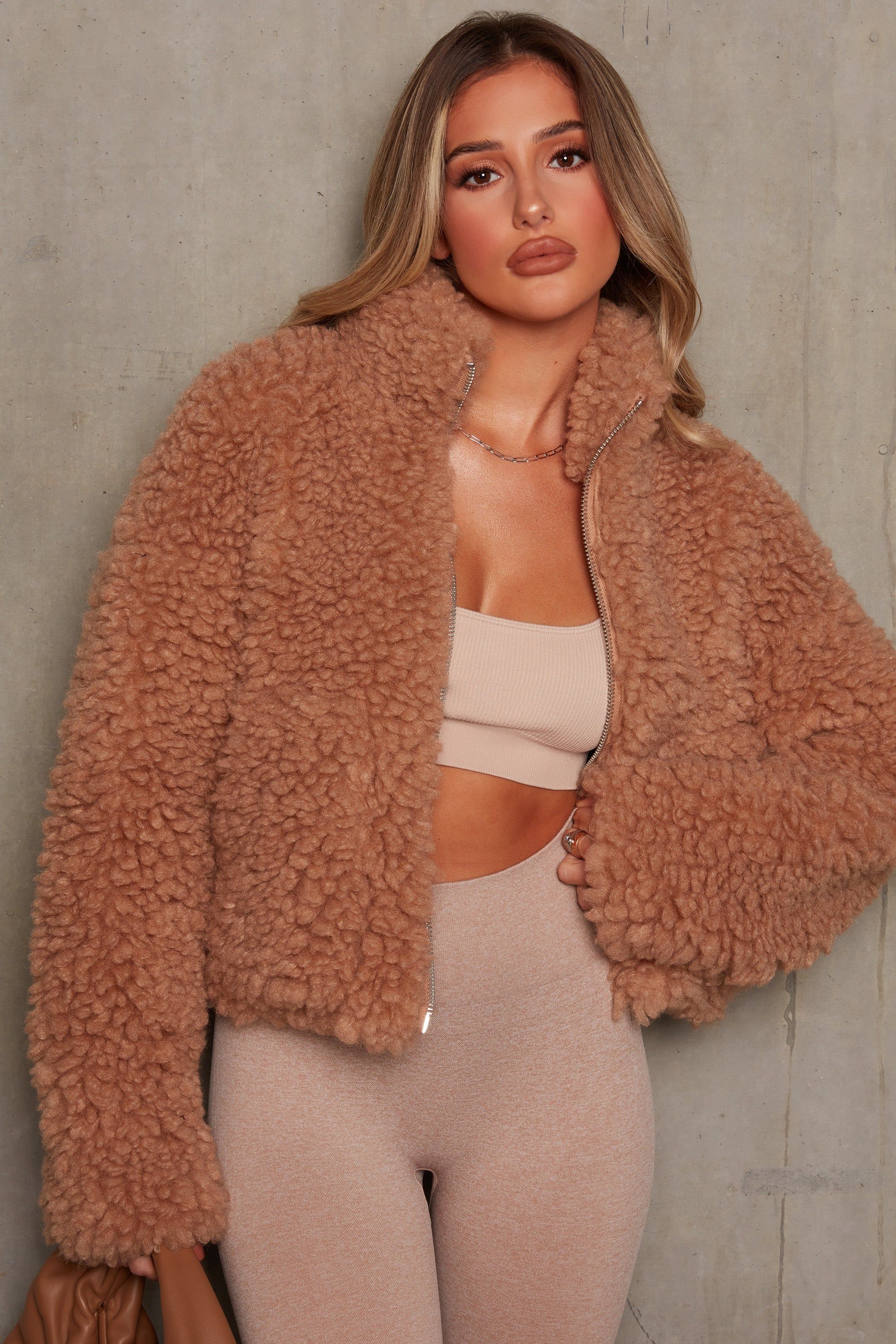 Oversized Boucle Teddy Coat in Camel sold by Oh Polly