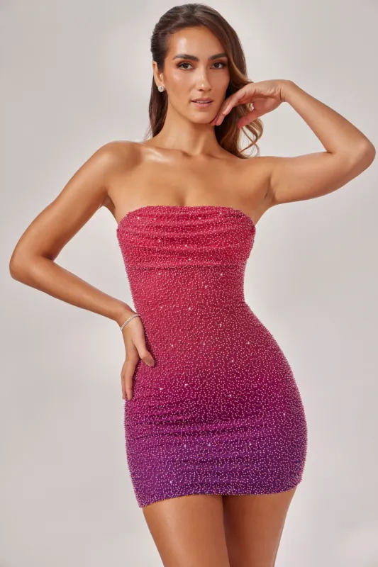 Embellished Strapless Mini Dress in Pink/Purple Ombré sold by Oh Polly