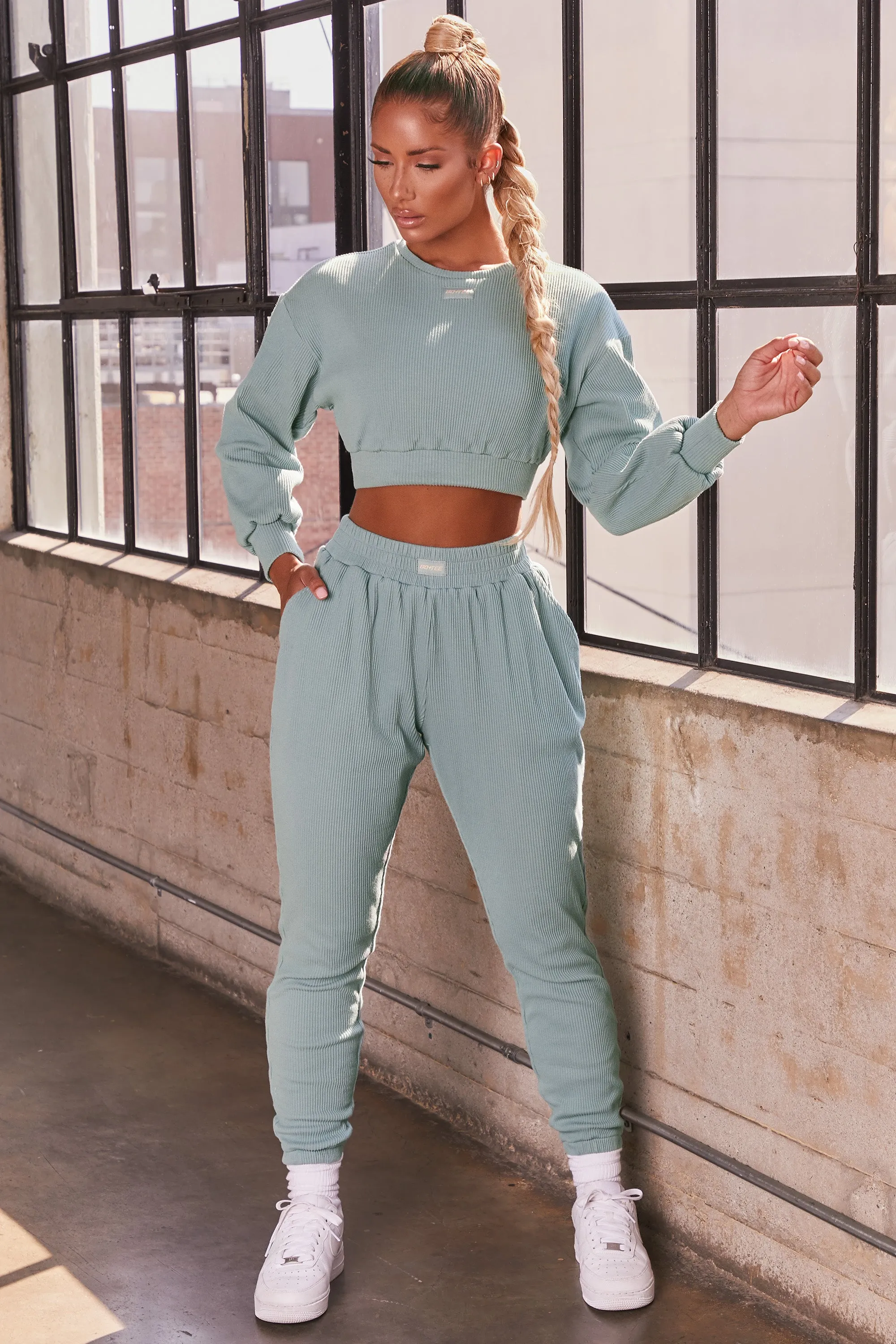 At Ease Ribbed Cropped Oversized Sweatshirt in Teal sold by Oh Polly product image thumbnail 5