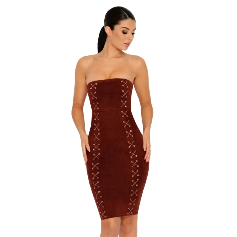 Thrill Of The Lace Suede Midi Dress in Chocolate Brown sold by Oh Polly