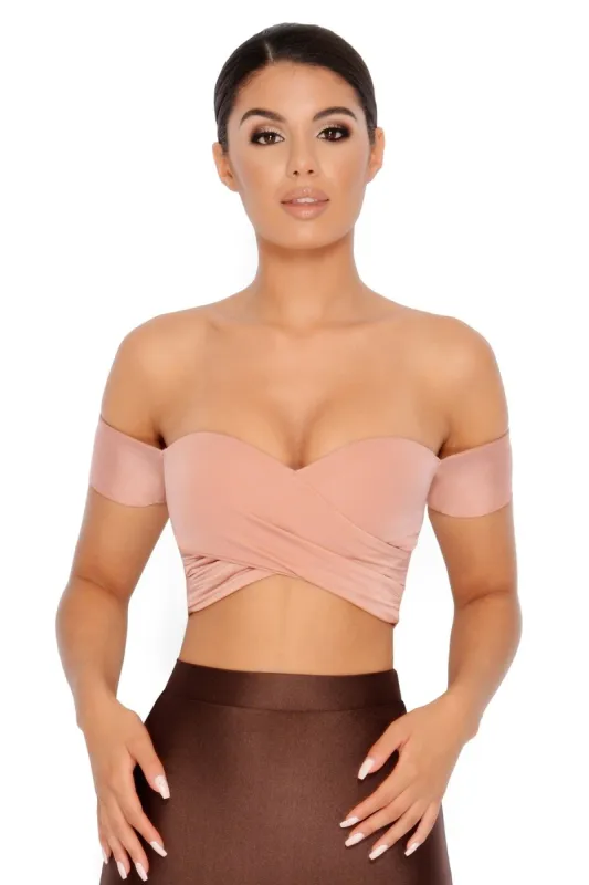 Shrug It Off Bardot Off The Shoulder Crop Top in Peach Blush sold by Oh Polly