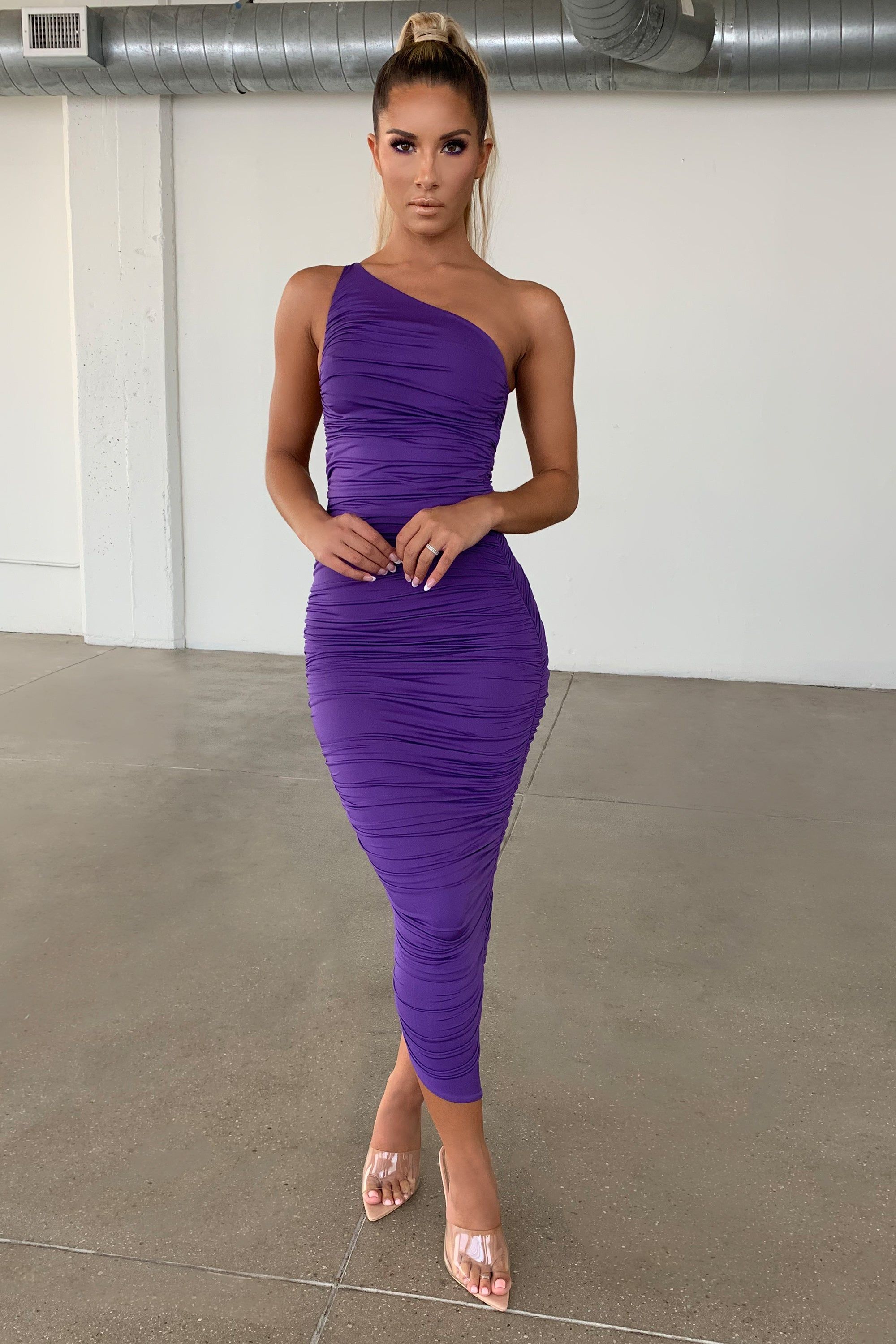 Cold Shoulder Asymmetric Ruched Midaxi Dress in Purple sold by Oh Polly product image thumbnail 13