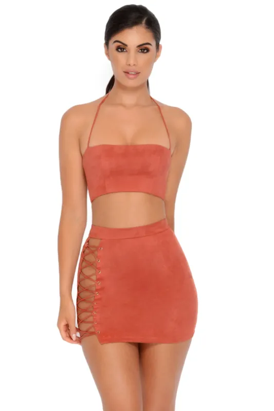 Straight Laced Suede Crop Top in Brick Red sold by Oh Polly
