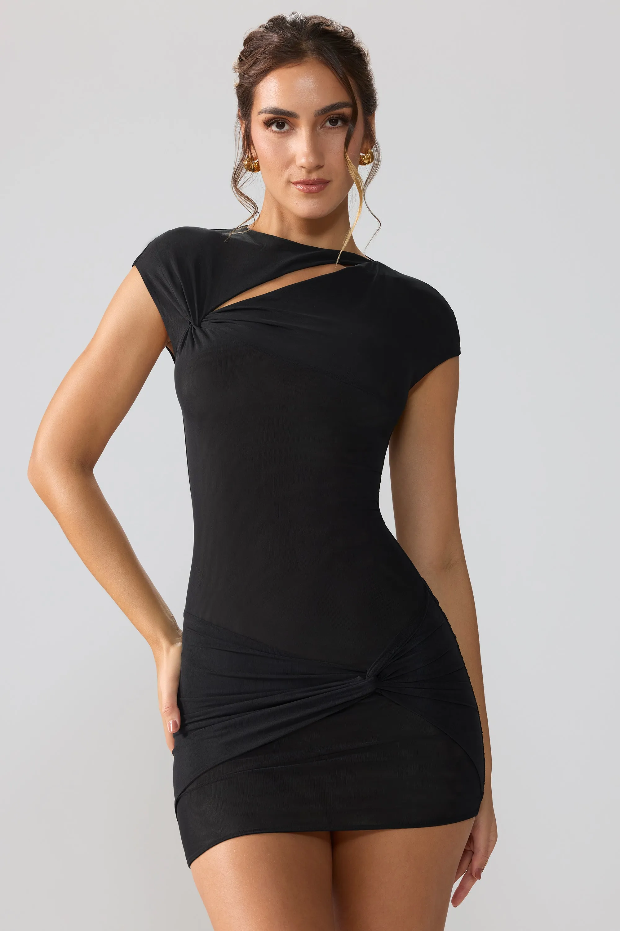 Mesh Cap Sleeve Cut Out Mini Dress in Black sold by Oh Polly