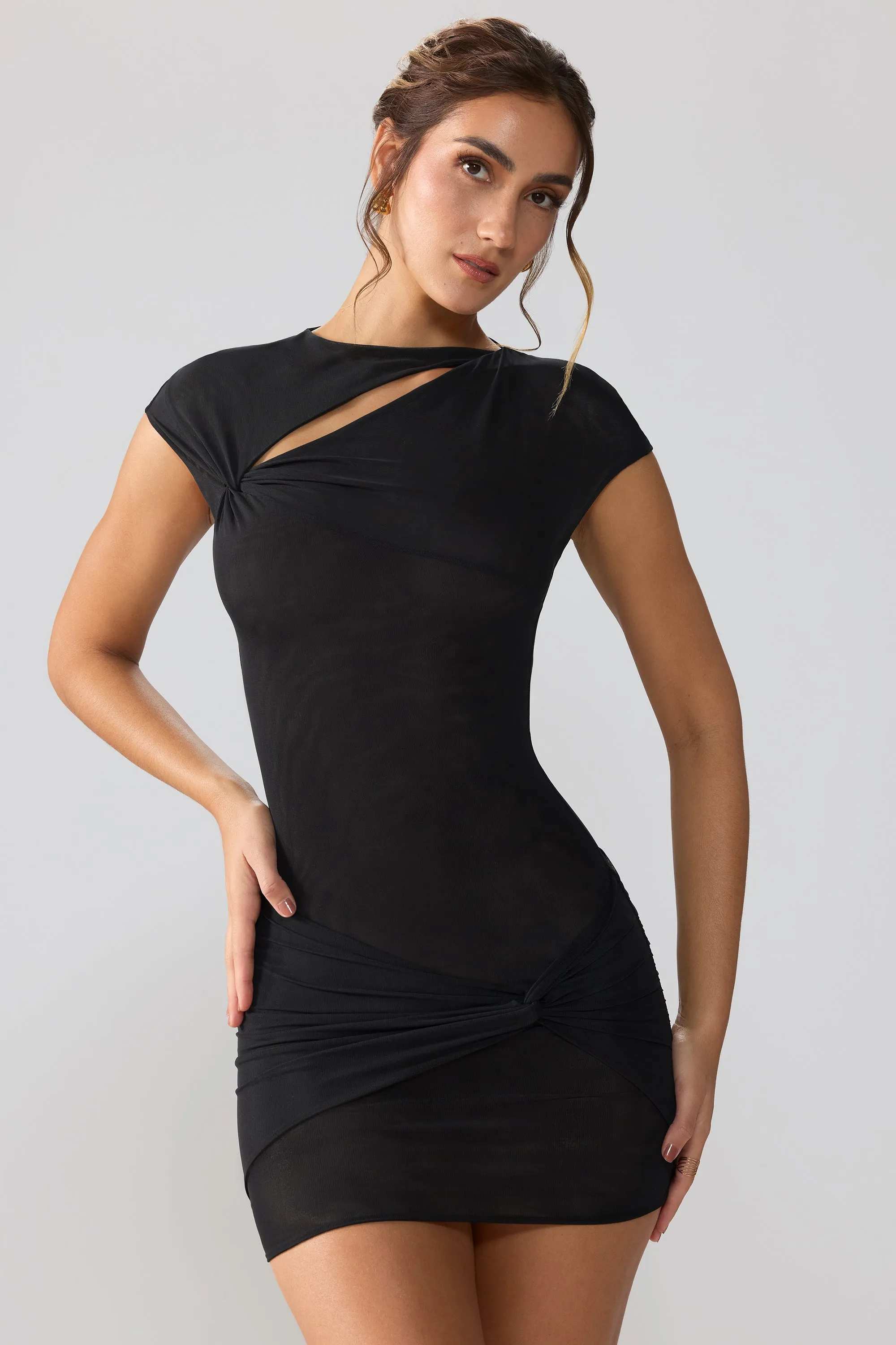 Mesh Cap Sleeve Cut Out Mini Dress in Black sold by Oh Polly product image thumbnail 4