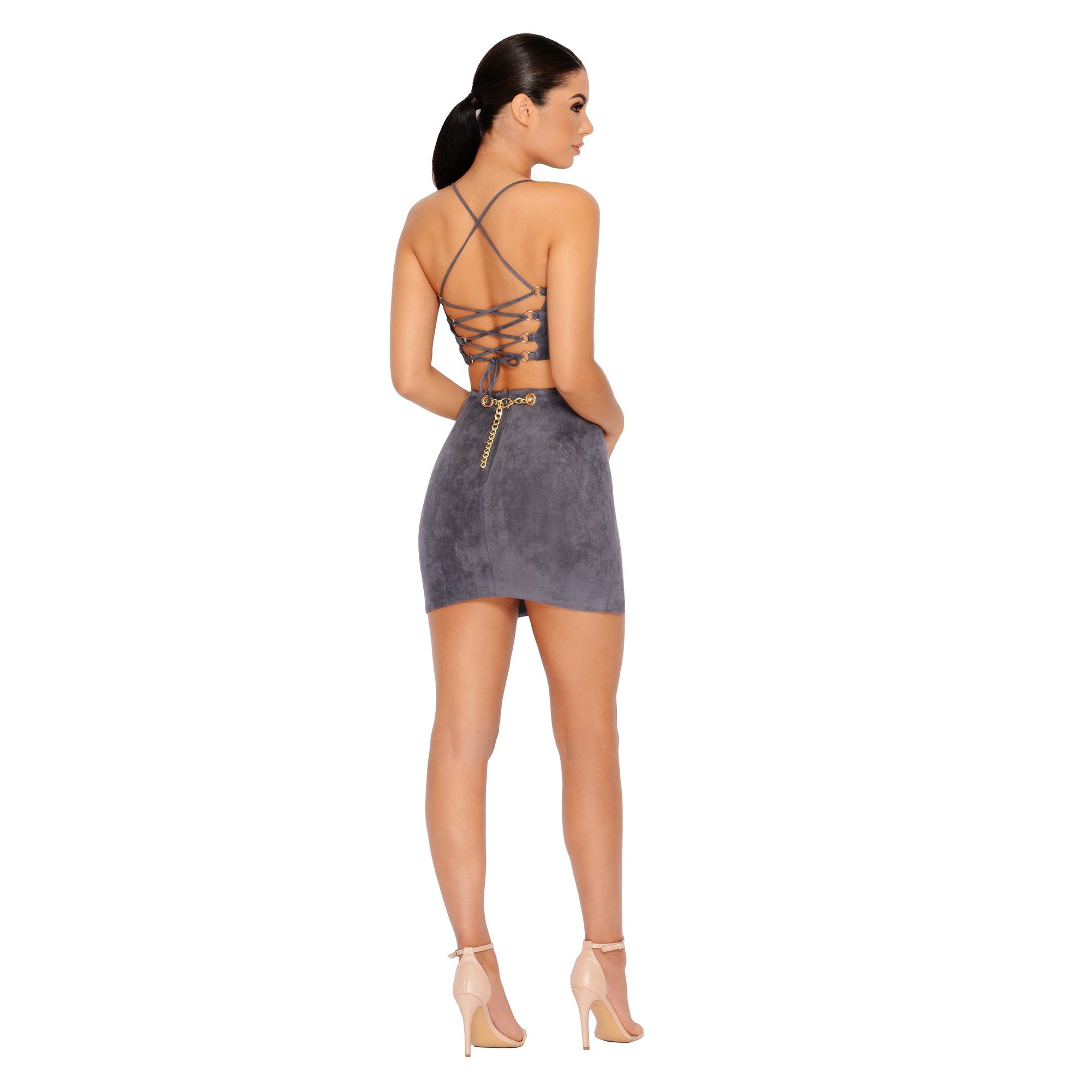 Chain Reaction Suede Mini Skirt in Grey sold by Oh Polly product image thumbnail 9