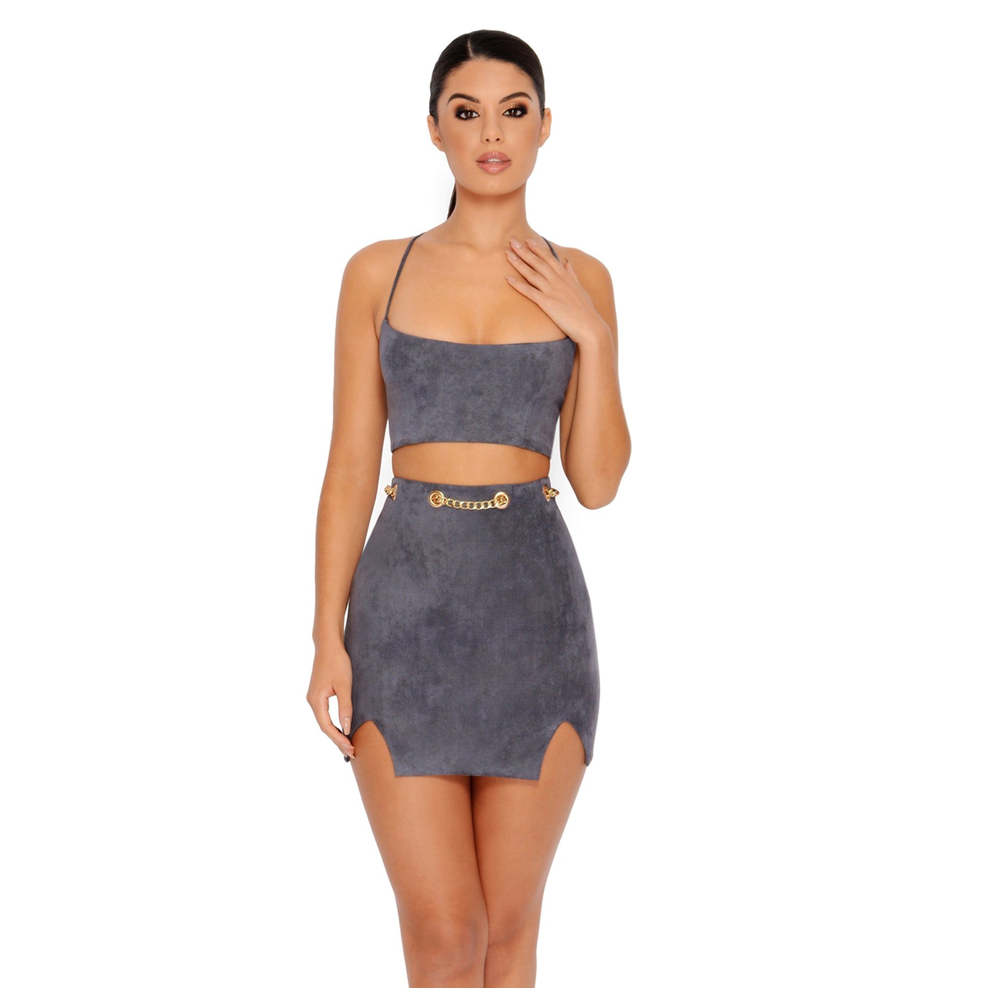 Chain Reaction Suede Mini Skirt in Grey sold by Oh Polly product image thumbnail 4