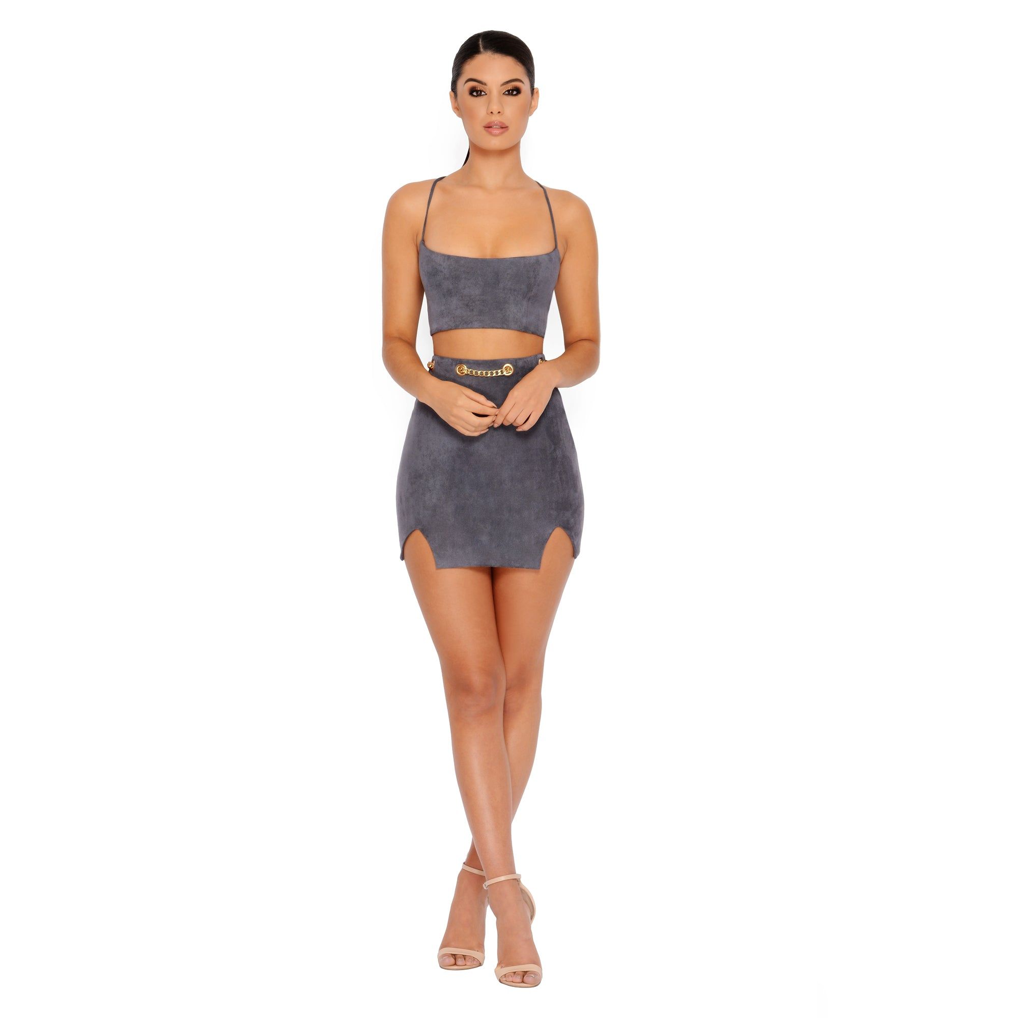 Chain Reaction Suede Mini Skirt in Grey sold by Oh Polly product image thumbnail 5