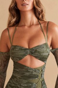 Long Sleeve Paneled Mini Dress in Olive Print sold by Oh Polly