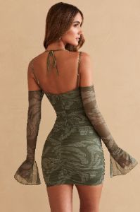 Long Sleeve Paneled Mini Dress in Olive Print sold by Oh Polly