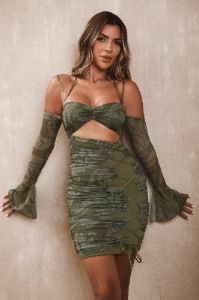 Long Sleeve Paneled Mini Dress in Olive Print sold by Oh Polly