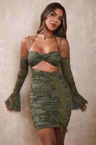 Long Sleeve Paneled Mini Dress in Olive Print sold by Oh Polly
