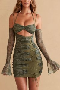 Long Sleeve Paneled Mini Dress in Olive Print sold by Oh Polly