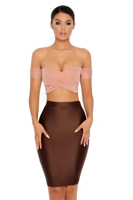 Cut A Dash High Waisted Knee Length Skirt in Chocolate Brown sold by Oh Polly
