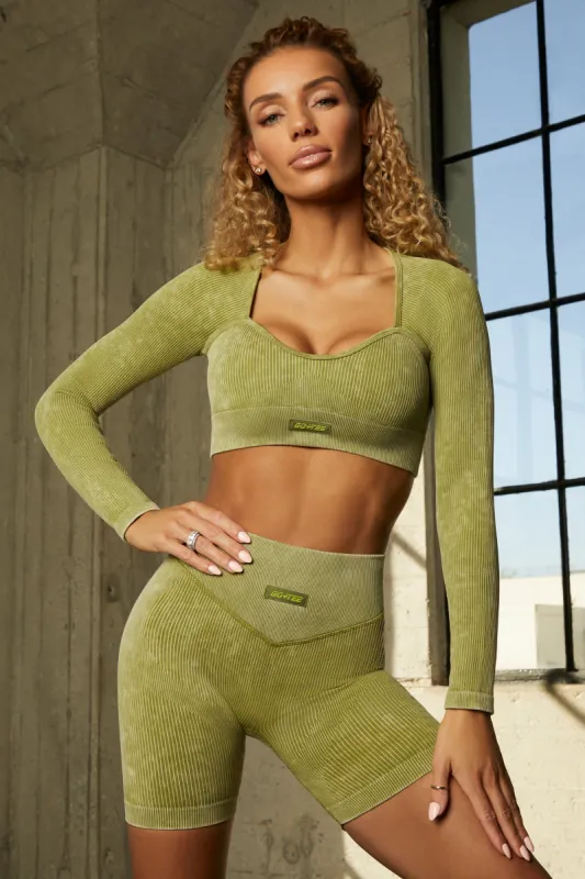 Endeavour Seamless Half Sleeve Curved Neckline Crop Top in Olive sold by Oh Polly
