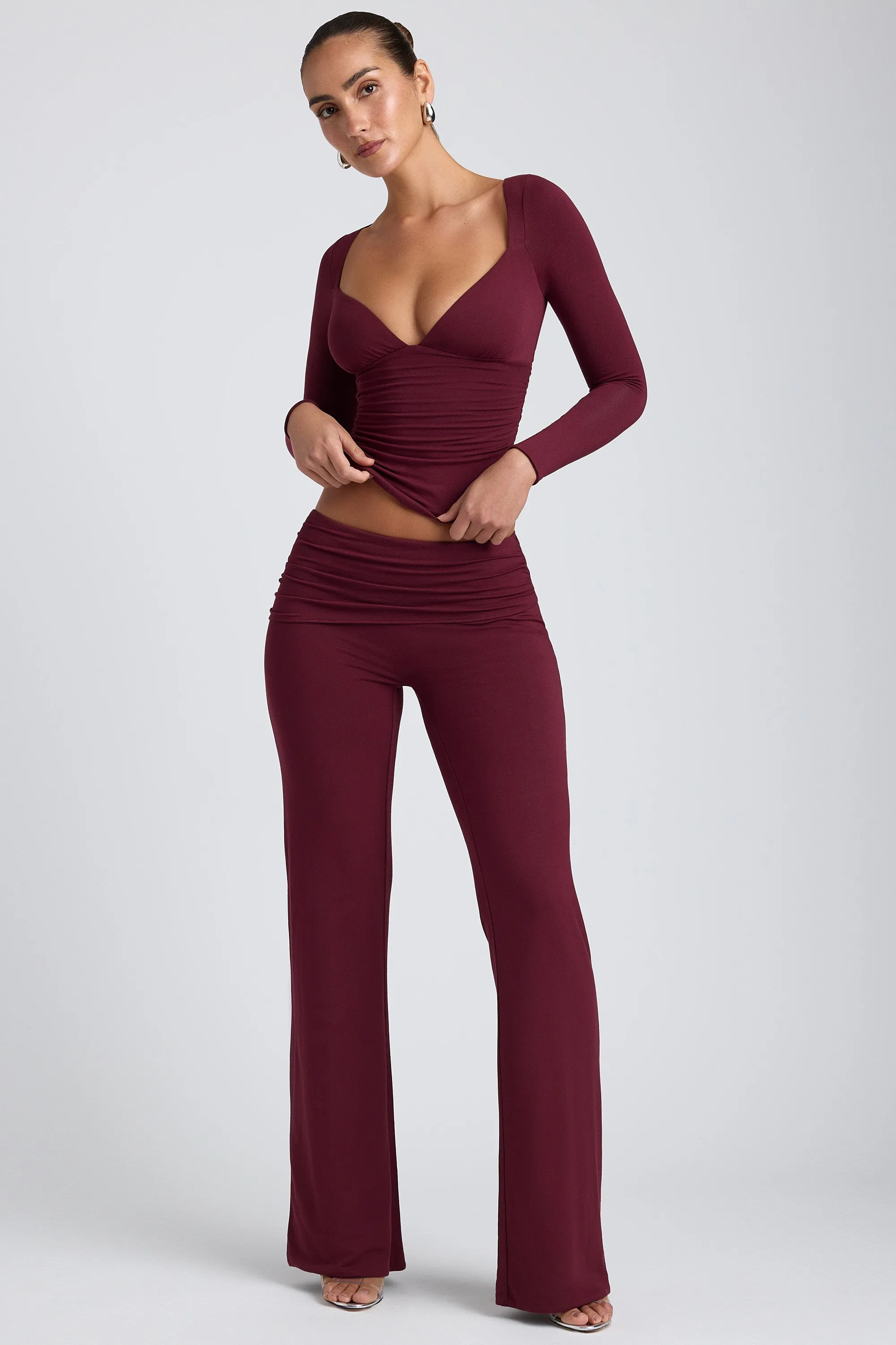 Mid-Rise Straight-Leg Trousers in Plum sold by Oh Polly