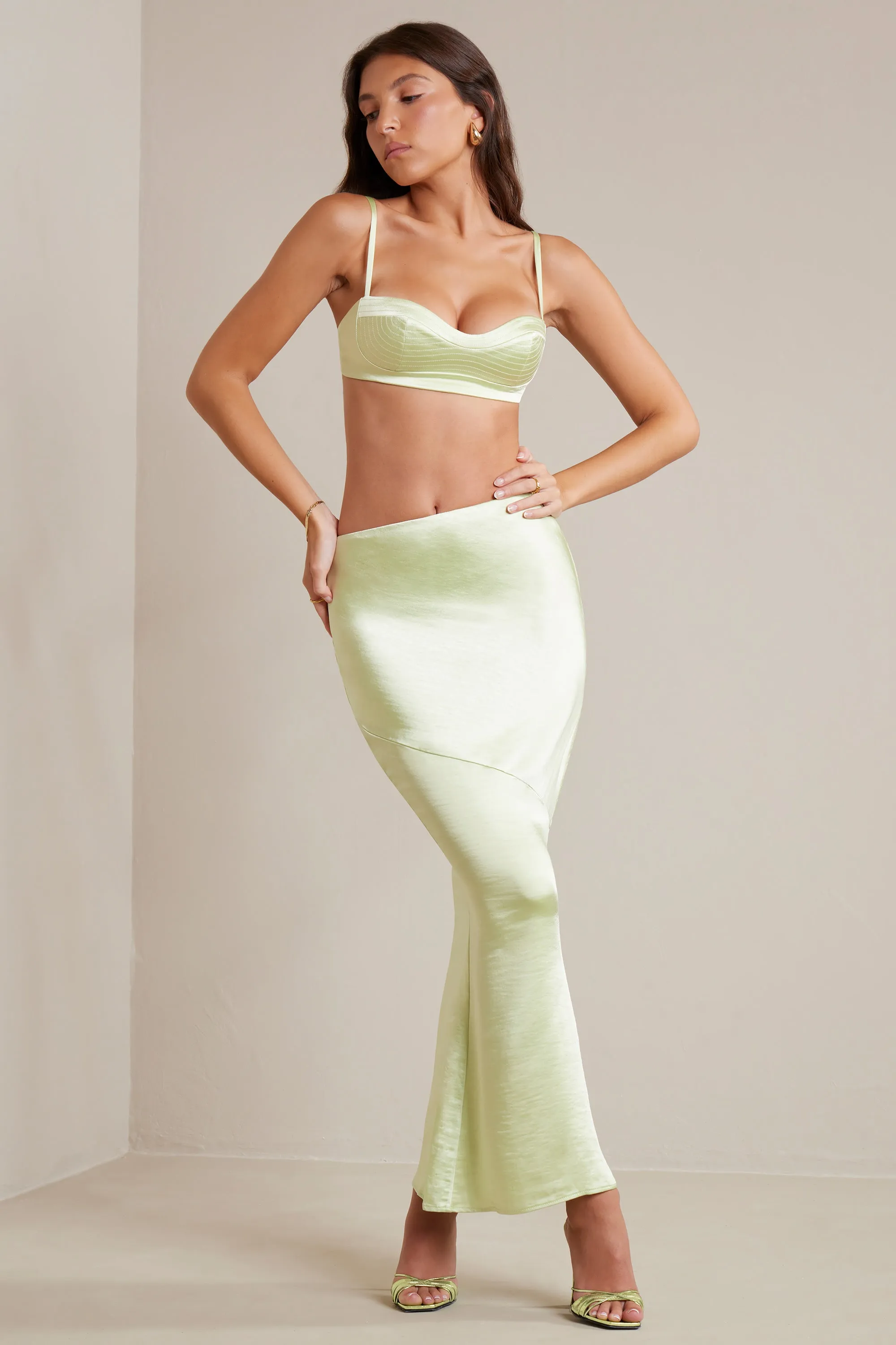 Bias Cut Satin Maxi Skirt in Lime sold by Oh Polly