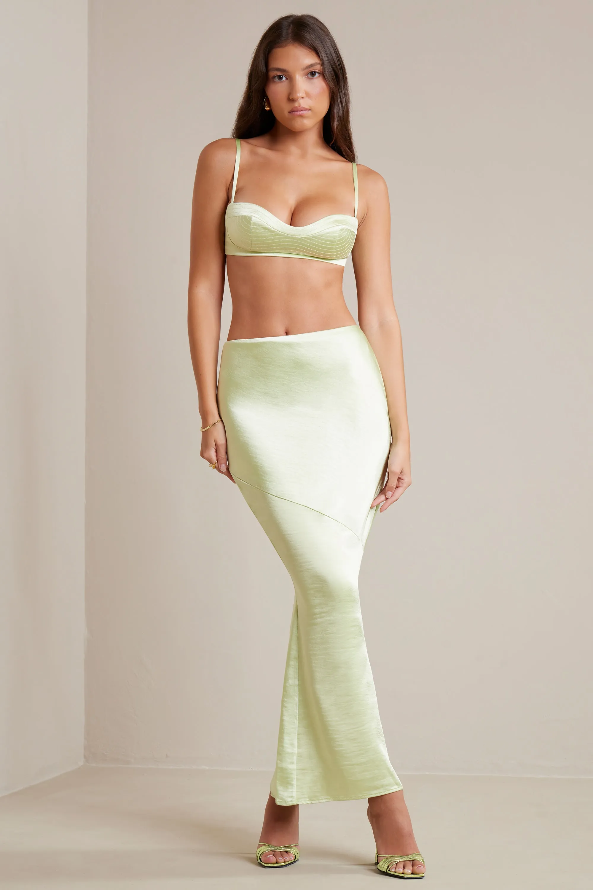 Bias Cut Satin Maxi Skirt in Lime sold by Oh Polly product image thumbnail 5